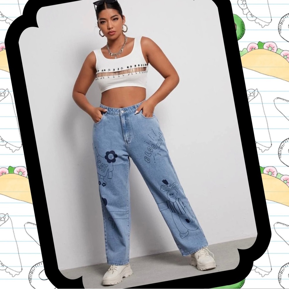 Flare Wide Leg Jeans with Cartoon Designs